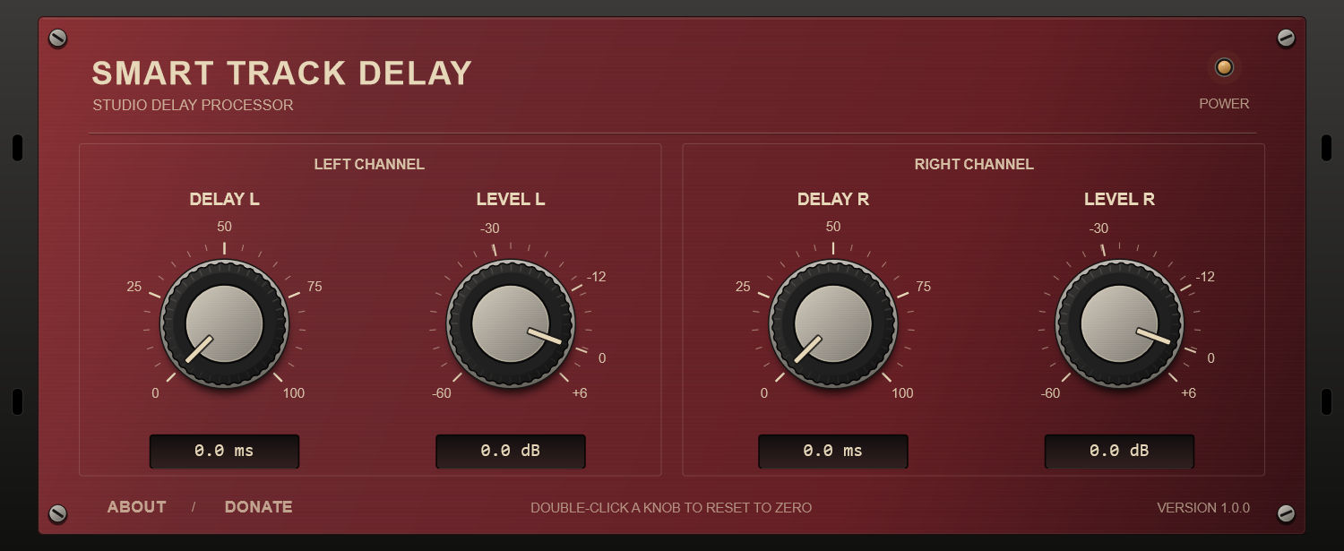 Smart Track Delay plugin with independent DELAY L, LEVEL L, DELAY R and LEVEL R knobs on a burgundy vintage panel.